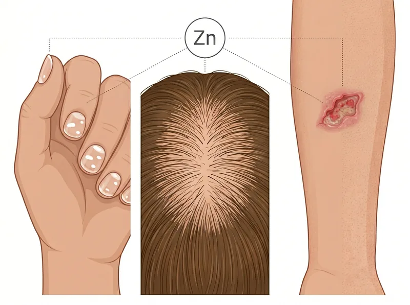Medical illustration showing zinc deficiency symptoms including white spots on fingernails, thinning hair patches, and slow-healing skin wounds