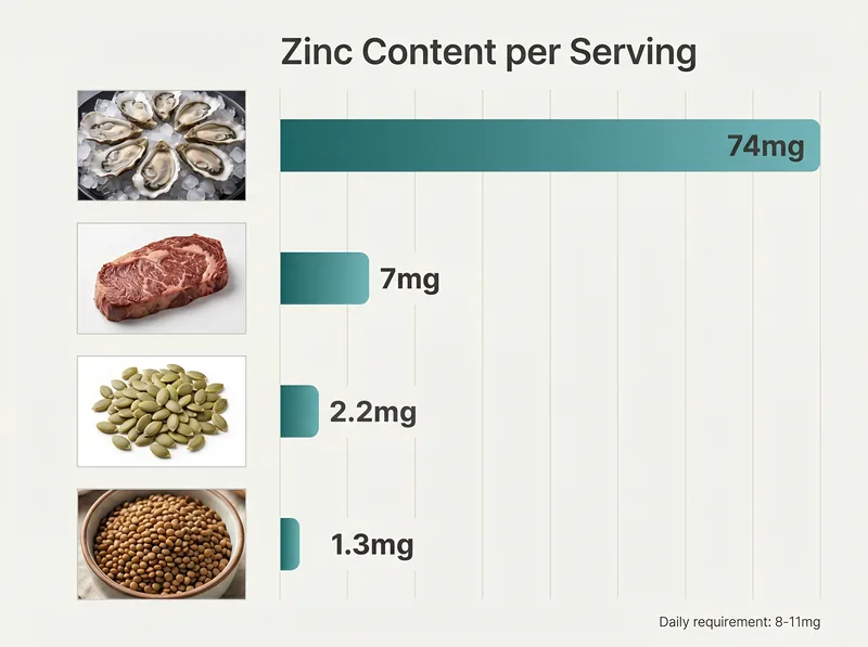 Infographic chart showing zinc content in milligrams per serving for top dietary sources including oysters, beef, pumpkin seeds, and lentils