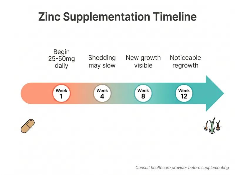 Timeline infographic showing zinc supplementation protocol from week 1 to week 12 with dosage recommendations and expected hair growth milestones